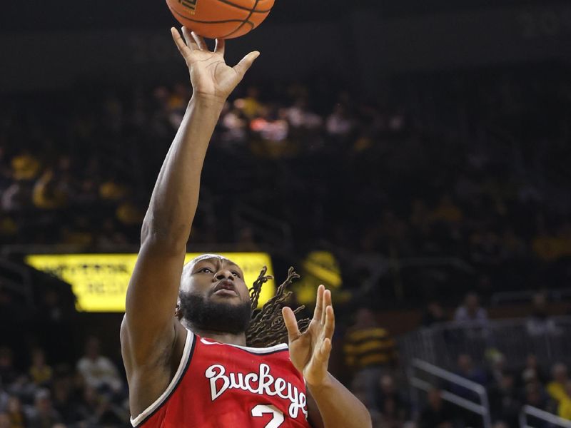 Jan 15, 2024; Ann Arbor, Michigan, USA; Ohio State Buckeyes guard Bruce Thornton (2) shoots in the second half against the Michigan Wolverines at Crisler Center. Mandatory Credit: Rick Osentoski-USA TODAY Sports