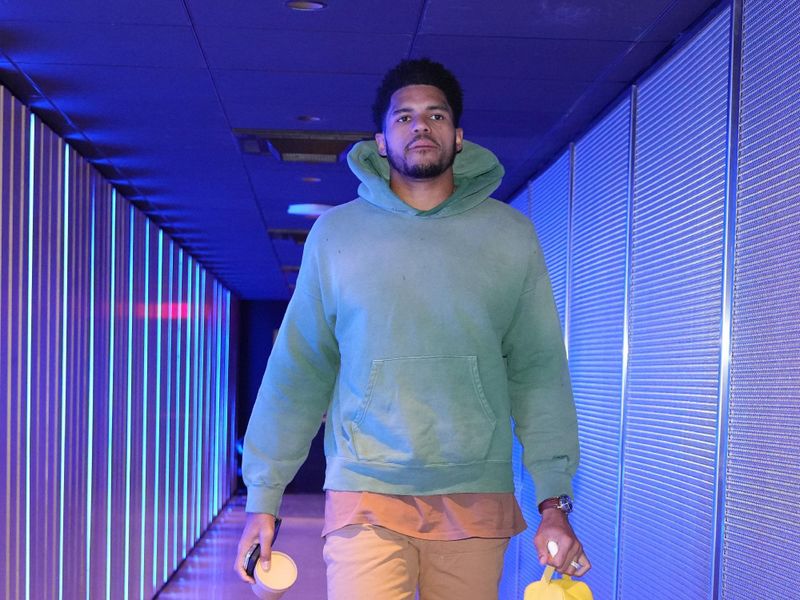 PHILADELPHIA, PA - JANUARY 12:  Tobias Harris #12 of the Philadelphia 76ers arrives to the arena before the game on January 12, 2024 at the Wells Fargo Center in Philadelphia, Pennsylvania NOTE TO USER: User expressly acknowledges and agrees that, by downloading and/or using this Photograph, user is consenting to the terms and conditions of the Getty Images License Agreement. Mandatory Copyright Notice: Copyright 2024 NBAE (Photo by Jesse D. Garrabrant/NBAE via Getty Images)