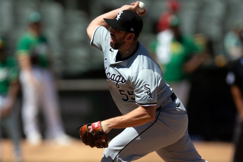 Aug 7, 2024; Oakland, California, USA; Chicago White Sox pitcher Dominic Leone (55) delivers against the Oakland Athletics during the seventh inning at Oakland-Alameda County Coliseum. Mandatory Credit: D. Ross Cameron-USA TODAY Sports