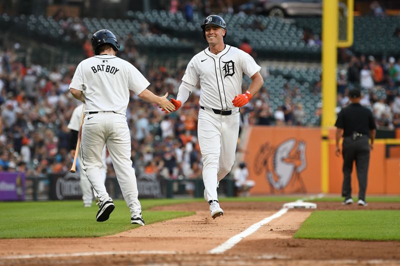 Aug 13, 2024; Detroit, Michigan, USA;  Detroit Tigers designated hitter Kerry Carpenter (30) celebrates after hitting a solo home run against the Seattle Mariners in the third inning at Comerica Park. Mandatory Credit: Lon Horwedel-USA TODAY Sports