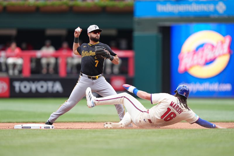 May 18, 2025; Philadelphia, Pennsylvania, USA; Pittsburgh Pirates infielder Isiah Kiner-Falefa (7) attempts to turn a double play over Philadelphia Phillies outfielder Brandon Marsh (16) in the third inning at Citizens Bank Park. Mandatory Credit: Kyle Ross-Imagn Images