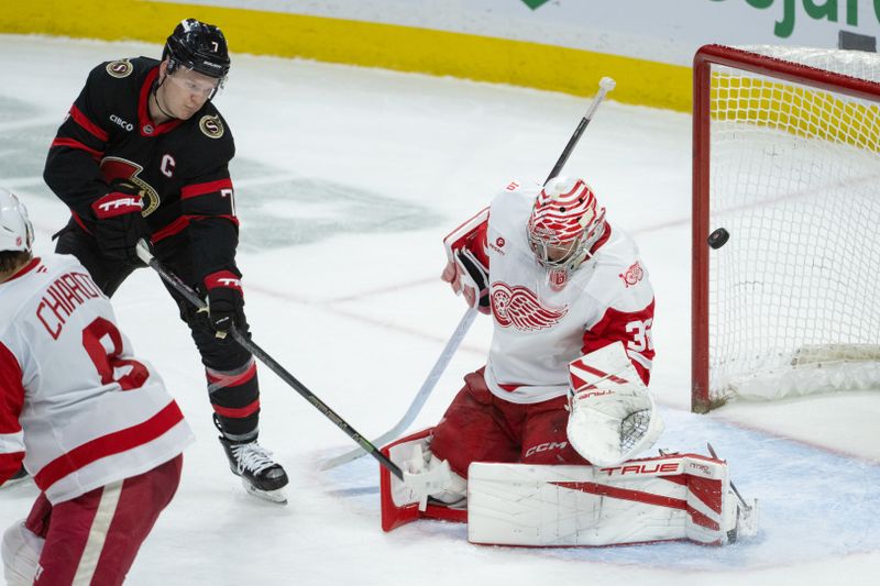 Jan 5, 2026; Ottawa, Ontario, CAN; The defelection from Ottawa Senators left wing Brady Tkachuk (7) gets past Detroit Red Wings goalie John Gibson (36) but ends up over the bar in the third period at the Canadian Tire Centre. Mandatory Credit: Marc DesRosiers-IMAGN Images