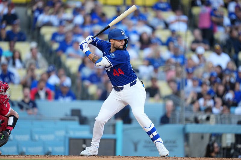 Mar 23, 2025; Los Angeles, California, USA; Los Angeles Dodgers outfielder Andy Pages (44) bats against the Los Angeles Angels at Dodger Stadium. Mandatory Credit: Kirby Lee-Imagn Images