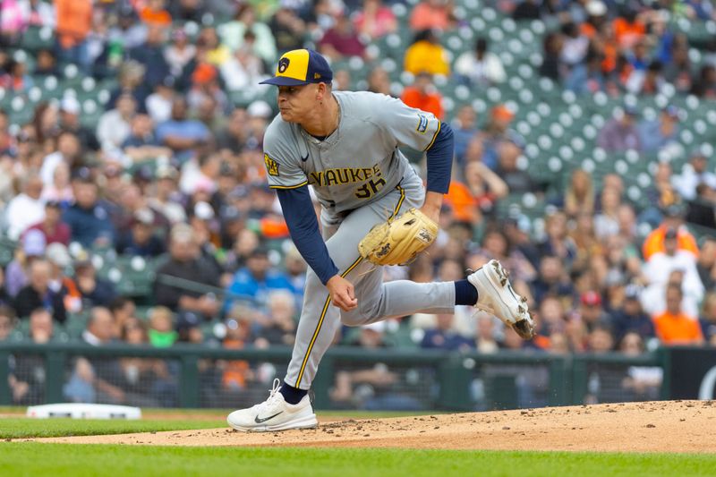 Jun 7, 2024; Detroit, Michigan, USA; Milwaukee Brewers starting pitcher Tobias Myers (36) throws during the first inning of the game against the Detroit Tigers at Comerica Park. Mandatory Credit: Brian Bradshaw Sevald-USA TODAY Sports