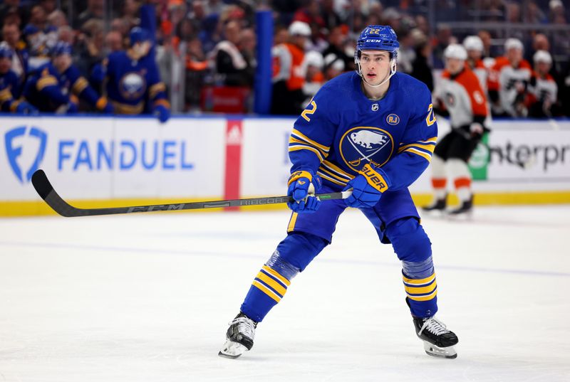 Apr 5, 2024; Buffalo, New York, USA;  Buffalo Sabres right wing Jack Quinn (22) looks for the puck during the second period against the Philadelphia Flyers at KeyBank Center. Mandatory Credit: Timothy T. Ludwig-USA TODAY Sports