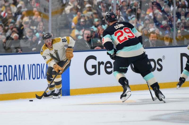 Jan 1, 2024; Seattle, Washington, USA; Vegas Golden Knights right wing Jonathan Marchessault (81) plays the puck against the Seattle Kraken during the first period in the 2024 Winter Classic ice hockey game at T-Mobile Park. Mandatory Credit: Steven Bisig-USA TODAY Sports