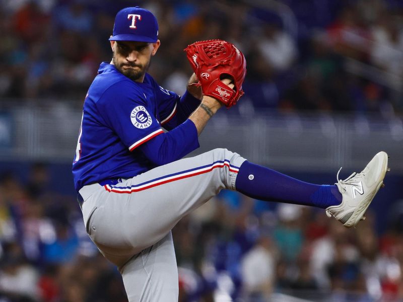 Jun 2, 2024; Miami, Florida, USA; Texas Rangers starting pitcher Andrew Heaney (44) delivers a pitch against the Miami Marlins during the first inning at loanDepot Park. Mandatory Credit: Sam Navarro-USA TODAY Sports