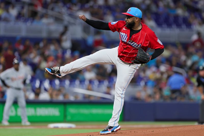 Jul 29, 2023; Miami, Florida, USA; Miami Marlins starting pitcher Johnny Cueto (47) delivers a pitch against the Detroit Tigers during the first inning at loanDepot Park. Mandatory Credit: Sam Navarro-USA TODAY Sports