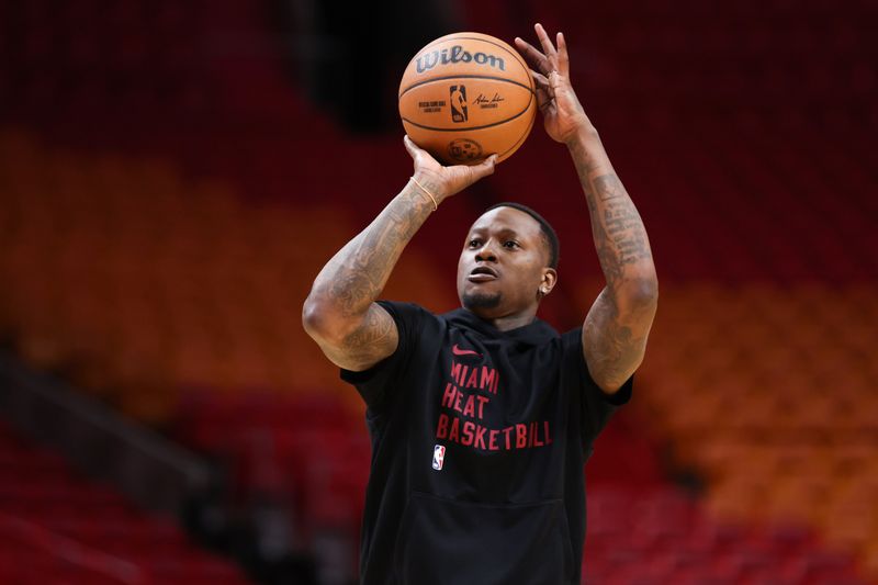 MIAMI, FLORIDA - MARCH 05: Terry Rozier #2 of the Miami Heat warms up prior to a game against the Detroit Pistons at Kaseya Center on March 05, 2024 in Miami, Florida. NOTE TO USER: User expressly acknowledges and agrees that, by downloading and or using this photograph, User is consenting to the terms and conditions of the Getty Images License Agreement. (Photo by Megan Briggs/Getty Images)