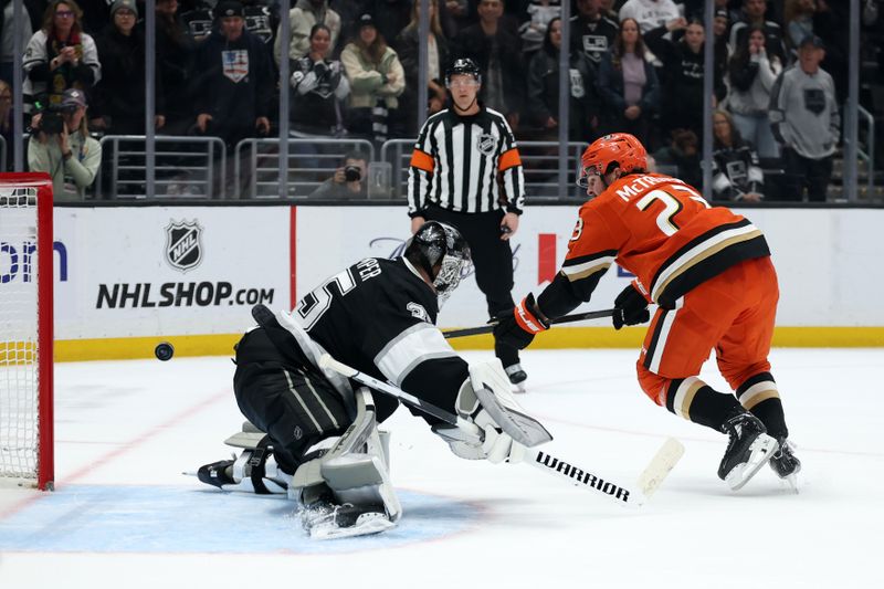 Jan 16, 2026; Los Angeles, California, USA;  Anaheim Ducks center Mason McTavish (23) scores the game winning goal on Los Angeles Kings goaltender Darcy Kuemper (35) in a shootout at Crypto.com Arena. Mandatory Credit: Kiyoshi Mio-Imagn Images