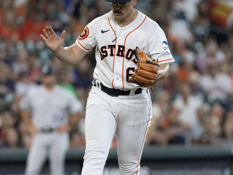 Jul 5, 2023; Houston, Texas, USA; Houston Astros starting pitcher J.P. France (68) reacts at the end of the sixth inning against the Colorado Rockies at Minute Maid Park. Mandatory Credit: Thomas Shea-USA TODAY Sports