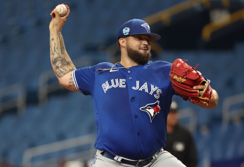 Mar 19, 2023; St. Petersburg, Florida, USA;  Toronto Blue Jays starting pitcher Alek Manoah (6) throws a pitch against the Tampa Bay Rays during the second inning at Tropicana Field. Mandatory Credit: Kim Klement-USA TODAY Sports