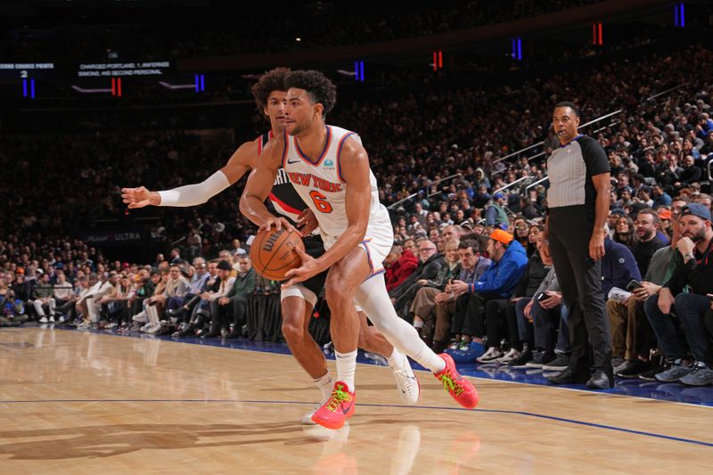 NEW YORK, NY - JANUARY 9: Quentin Grimes #6 of the New York Knicks passes the ball during the game against the Portland Trail Blazers on January 9, 2024 at Madison Square Garden in New York City, New York.  NOTE TO USER: User expressly acknowledges and agrees that, by downloading and or using this photograph, User is consenting to the terms and conditions of the Getty Images License Agreement. Mandatory Copyright Notice: Copyright 2024 NBAE  (Photo by Jesse D. Garrabrant/NBAE via Getty Images)