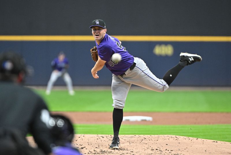 Sep 7, 2024; Milwaukee, Wisconsin, USA; Colorado Rockies pitcher Ty Blach (50) delivers a pitch against the Milwaukee Brewers in the first inning at American Family Field. Mandatory Credit: Michael McLoone-Imagn Images