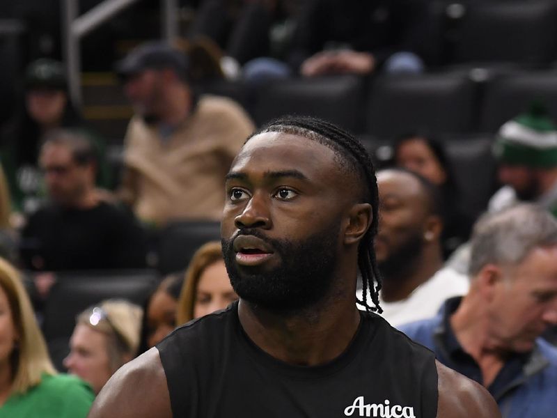 BOSTON, MA - NOVEMBER 12: Jaylen Brown #7 of the Boston Celtics warms up before the game against the Atlanta Hawks during the Emirates NBA Cup game on November 12, 2024 at TD Garden in Boston, Massachusetts. NOTE TO USER: User expressly acknowledges and agrees that, by downloading and/or using this Photograph, user is consenting to the terms and conditions of the Getty Images License Agreement. Mandatory Copyright Notice: Copyright 2024 NBAE (Photo by Brian Babineau/NBAE via Getty Images)