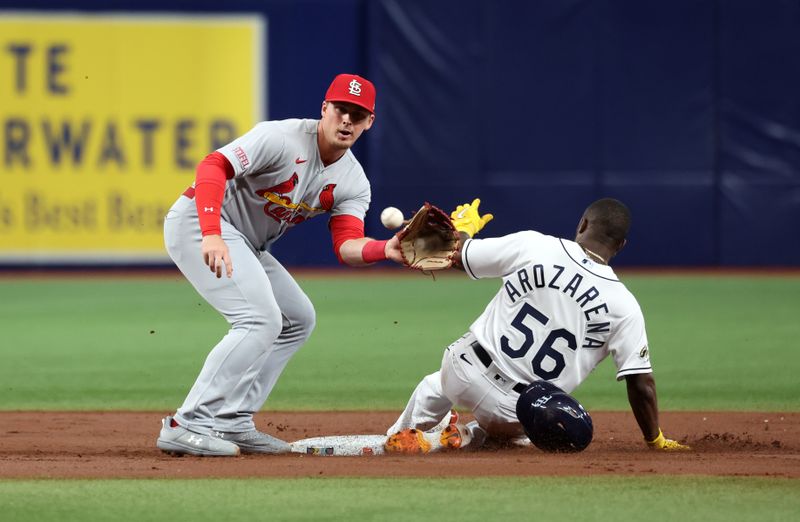 Aug 10, 2023; St. Petersburg, Florida, USA;  Tampa Bay Rays left fielder Randy Arozarena (56) slides save into second base as St. Louis Cardinals second baseman Nolan Gorman (16) attempted to tag him out during the first inning at Tropicana Field. Mandatory Credit: Kim Klement Neitzel-USA TODAY Sports