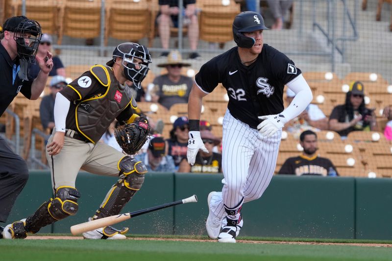 Feb 28, 2024; Phoenix, Arizona, USA; Chicago White Sox right fielder Gavin Sheets (32) hits against the San Diego Padres in the second inning at Camelback Ranch-Glendale. Mandatory Credit: Rick Scuteri-USA TODAY Sports