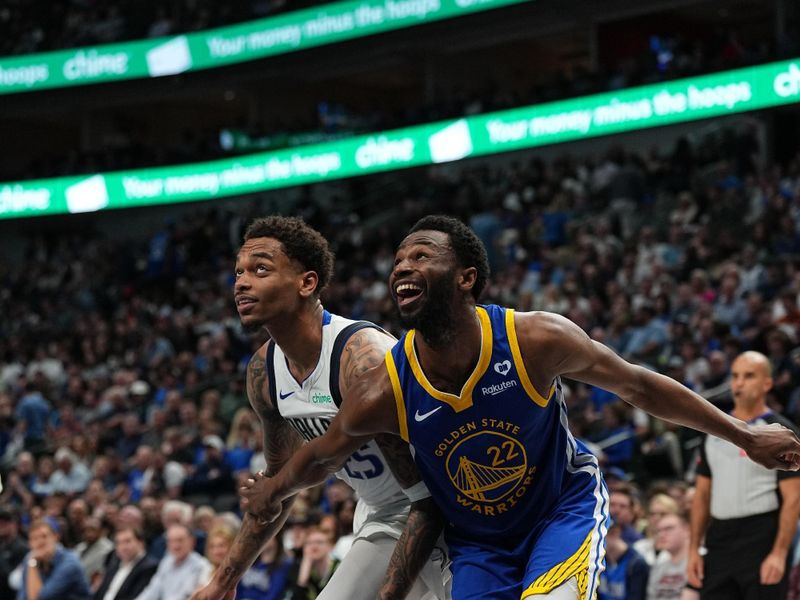 DALLAS, TX - MARCH 13: P.J Washington #25 of the Dallas Mavericks and Andrew Wiggins #22 of the Golden State Warriors wait for a rebound during the game on March 13, 2024 at the American Airlines Center in Dallas, Texas. NOTE TO USER: User expressly acknowledges and agrees that, by downloading and or using this photograph, User is consenting to the terms and conditions of the Getty Images License Agreement. Mandatory Copyright Notice: Copyright 2024 NBAE (Photo by Glenn James/NBAE via Getty Images)