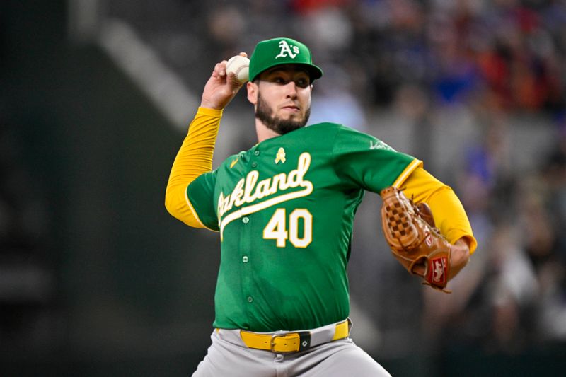 Sep 1, 2024; Arlington, Texas, USA; Oakland Athletics starting pitcher Mitch Spence (40) pitches against the Texas Rangers during the third inning at Globe Life Field. Mandatory Credit: Jerome Miron-USA TODAY Sports