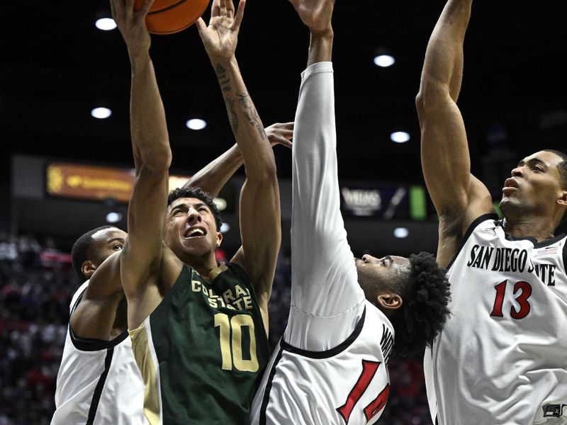 Feb 13, 2024; San Diego, California, USA; Colorado State Rams guard Nique Clifford (10) goes to the basket past San Diego State Aztecs guard Reese Waters (14) during the second half at Viejas Arena. Mandatory Credit: Orlando Ramirez-USA TODAY Sports