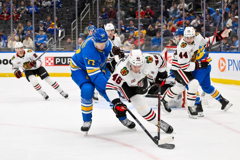 Oct 15, 2025; St. Louis, Missouri, USA; Chicago Blackhawks defenseman Louis Crevier (46) and St. Louis Blues center Nick Bjugstad (77) battle for the puck during the third period at Enterprise Center. Mandatory Credit: Jeff Curry-Imagn Images