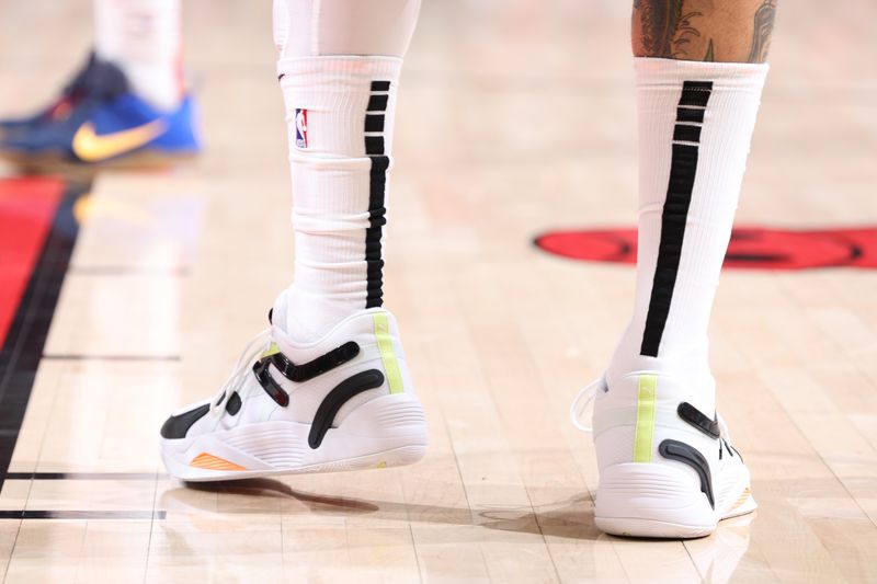 CHICAGO, IL - FEBRUARY 26: The sneakers worn by Kyle Kuzma #33 of the Washington Wizards during the game against the Chicago Bulls on February 26, 2023 at United Center in Chicago, Illinois. NOTE TO USER: User expressly acknowledges and agrees that, by downloading and or using this photograph, User is consenting to the terms and conditions of the Getty Images License Agreement. Mandatory Copyright Notice: Copyright 2023 NBAE (Photo by Jeff Haynes/NBAE via Getty Images)