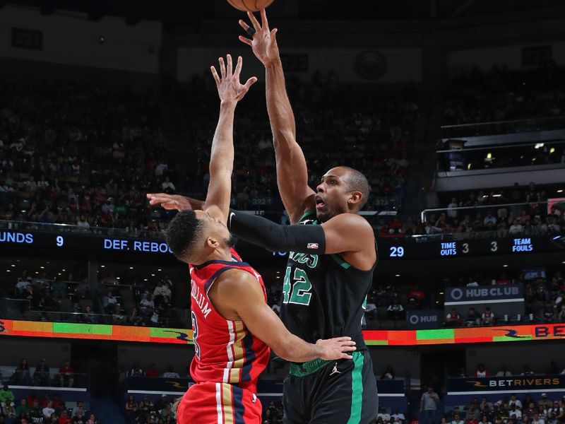 NEW ORLEANS, LA - MARCH 30: Al Horford #42 of the Boston Celtics shoots the ball during the game against the New Orleans Pelicans on March 30, 2024 at the Smoothie King Center in New Orleans, Louisiana. NOTE TO USER: User expressly acknowledges and agrees that, by downloading and or using this Photograph, user is consenting to the terms and conditions of the Getty Images License Agreement. Mandatory Copyright Notice: Copyright 2024 NBAE (Photo by Layne Murdoch Jr./NBAE via Getty Images)