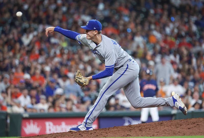 Sep 24, 2023; Houston, Texas, USA; Kansas City Royals relief pitcher James McArthur (66) delivers a pitch during the ninth inning against the Houston Astros at Minute Maid Park. Mandatory Credit: Troy Taormina-USA TODAY Sports