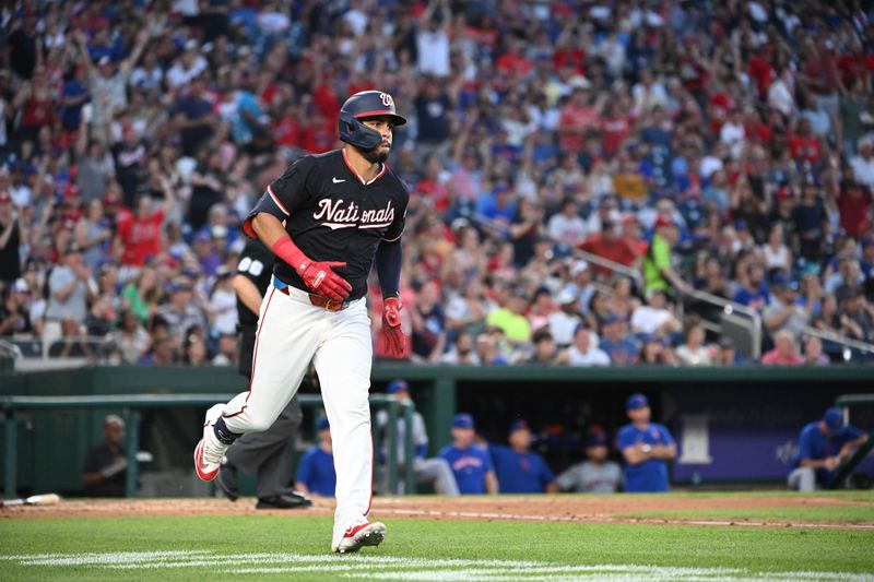 Jul 3, 2024; Washington, District of Columbia, USA; Washington Nationals second baseman Luis Garcia Jr. (2) runs to first base after hitting a three run home run against the New York Mets during the sixth inning at Nationals Park. Mandatory Credit: Rafael Suanes-USA TODAY Sports