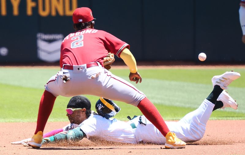 May 17, 2023; Oakland, California, USA; Oakland Athletics center fielder Esteury Ruiz (1) dives safely to second base before the ball reaches Arizona Diamondbacks shortstop Geraldo Perdomo (2) during the first inning at Oakland-Alameda County Coliseum. Mandatory Credit: Kelley L Cox-USA TODAY Sports