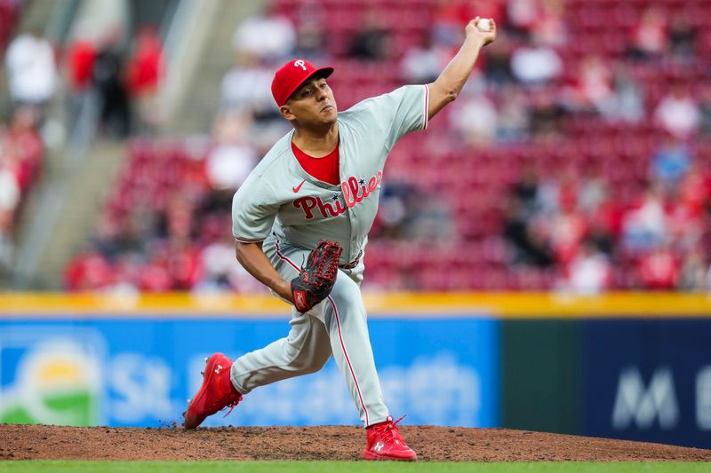 Apr 22, 2024; Cincinnati, Ohio, USA; Philadelphia Phillies starting pitcher Ranger Suarez (55) pitches against the Cincinnati Reds in the fourth inning at Great American Ball Park. Mandatory Credit: Katie Stratman-USA TODAY Sports