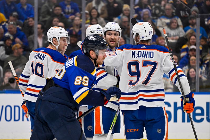 Feb 15, 2024; St. Louis, Missouri, USA;  Edmonton Oilers center Leon Draisaitl (29) reacts after scoring against the St. Louis Blues during the first period at Enterprise Center. Mandatory Credit: Jeff Curry-USA TODAY Sports