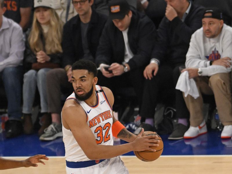 NEW YORK, NY - MAY 23: Karl-Anthony Towns #32 of the New York Knicks drives to the basket during the game against the Indiana Pacers during Game Two of the 2025 Eastern Conference Finals on May 23, 2025 at Madison Square Garden in New York City, New York.  NOTE TO USER: User expressly acknowledges and agrees that, by downloading and or using this photograph, User is consenting to the terms and conditions of the Getty Images License Agreement. Mandatory Copyright Notice: Copyright 2025 NBAE  (Photo by David Dow/NBAE via Getty Images)