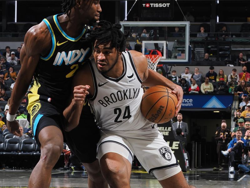 INDIANAPOLIS, IN - MARCH 16: Cam Thomas #24 of the Brooklyn Nets drives to the basket during the game against the Indiana Pacers on March 16, 2024 at Gainbridge Fieldhouse in Indianapolis, Indiana. NOTE TO USER: User expressly acknowledges and agrees that, by downloading and or using this Photograph, user is consenting to the terms and conditions of the Getty Images License Agreement. Mandatory Copyright Notice: Copyright 2024 NBAE (Photo by Ron Hoskins/NBAE via Getty Images)