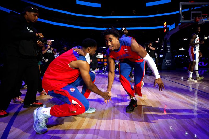 DETROIT, MI - OCTOBER 16: Jaden Ivey #23 of the Detroit Pistons is introduced before the game against the Cleveland Cavaliers on October 16, 2024 at Little Caesars Arena in Detroit, Michigan. NOTE TO USER: User expressly acknowledges and agrees that, by downloading and/or using this photograph, User is consenting to the terms and conditions of the Getty Images License Agreement. Mandatory Copyright Notice: Copyright 2024 NBAE (Photo by Brian Sevald/NBAE via Getty Images)