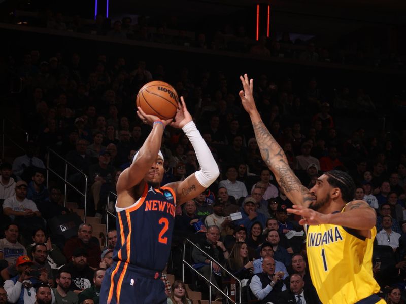 NEW YORK, NY - FEBRUARY 1: Miles McBride #2 of the New York Knicks shoots a three point basket against the Indiana Pacers on February 1, 2024 at Madison Square Garden in New York City, New York.  NOTE TO USER: User expressly acknowledges and agrees that, by downloading and or using this photograph, User is consenting to the terms and conditions of the Getty Images License Agreement. Mandatory Copyright Notice: Copyright 2024 NBAE  (Photo by Nathaniel S. Butler/NBAE via Getty Images)