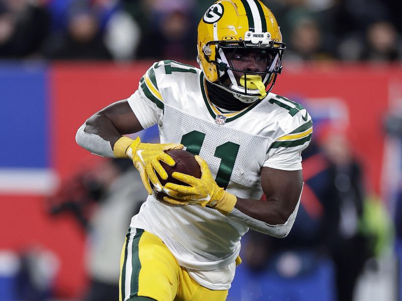 Green Bay Packers wide receiver Jayden Reed (11) in action after the game during an NFL football game Monday, Dec. 11, 2023, in East Rutherford, N.J. The Giants won 24-22. (AP Photo/Adam Hunger)