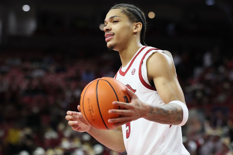 Jan 14, 2026; Fayetteville, Arkansas, USA; Arkansas Razorbacks guard Darius Acuff Jr (5) during the second half against the South Carolina Gamecocks at Bud Walton Arena. Arkansas won 108-74. Mandatory Credit: Nelson Chenault-Imagn Images