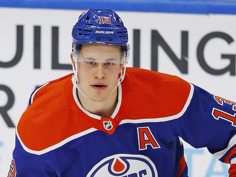 Sep 25, 2022; Edmonton, Alberta, CAN; Edmonton Oilers forward Jesse Puljujarvi (13) skates during warmup against the Winnipeg Jets at Rogers Place. Mandatory Credit: Perry Nelson-USA TODAY Sports