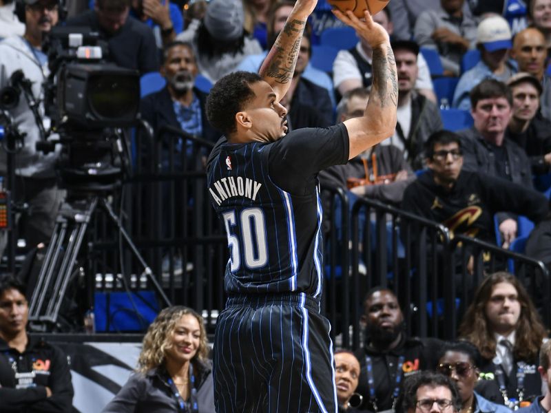 ORLANDO, FL - FEBRUARY 25:  Cole Anthony #50 of the Orlando Magic shoots the ball during the game against the Cleveland Cavaliers  on February 25, 2025 at Kia Center in Orlando, Florida. NOTE TO USER: User expressly acknowledges and agrees that, by downloading and or using this photograph, User is consenting to the terms and conditions of the Getty Images License Agreement. Mandatory Copyright Notice: Copyright 2025 NBAE (Photo by Fernando Medina/NBAE via Getty Images)