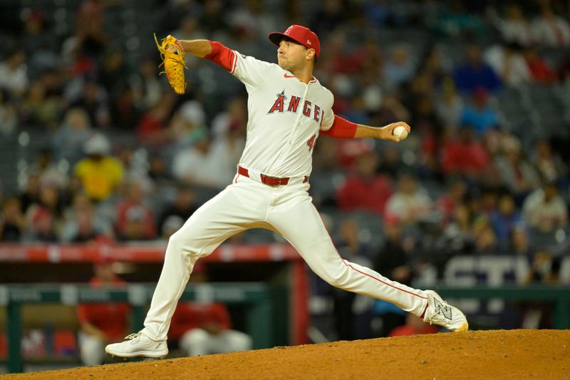 Sep 17, 2024; Anaheim, California, USA;  Los Angeles Angels relief pitcher Brock Burke (46) delivers to the plate in the seventh inning against the Chicago White Sox at Angel Stadium. Mandatory Credit: Jayne Kamin-Oncea-Imagn Images