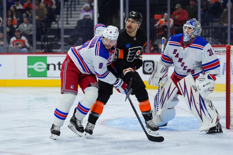 Nov 29, 2024; Philadelphia, Pennsylvania, USA; New York Rangers defenseman Jacob Trouba (8) battles for position against Philadelphia Flyers right wing Garnet Hathaway (19) in the first period at Wells Fargo Center. Mandatory Credit: Kyle Ross-Imagn Images