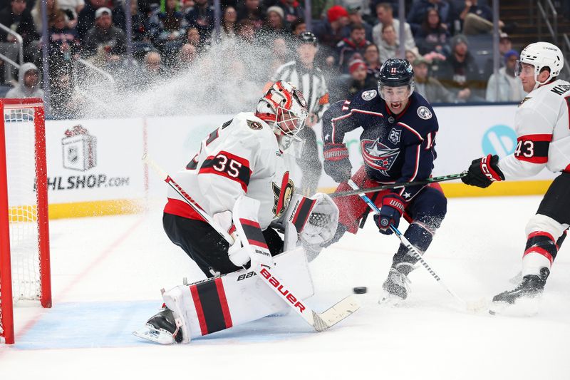 Dec 11, 2025; Columbus, Ohio, USA;  Ottawa Senators goaltender Linus Ullmark (35) saves the puck as Columbus Blue Jackets left wing Miles Wood (11) looks for a shot during the second period at Nationwide Arena. Mandatory Credit: Joseph Maiorana-Imagn Images