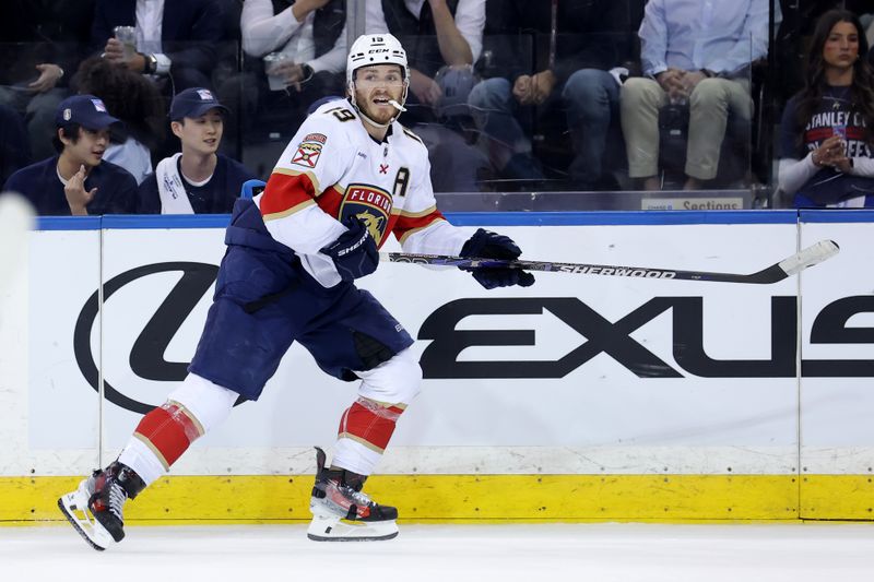 May 22, 2024; New York, New York, USA; Florida Panthers left wing Matthew Tkachuk (19) skates against the New York Rangers during the second period of game one of the Eastern Conference Final of the 2024 Stanley Cup Playoffs at Madison Square Garden. Mandatory Credit: Brad Penner-USA TODAY Sports