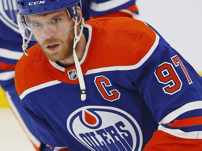 Oct 14, 2023; Edmonton, Alberta, CAN; Edmonton Oilers forward Connor McDavid (97) skates during warmup against the Vancouver Canucks at Rogers Place. Mandatory Credit: Perry Nelson-USA TODAY Sports