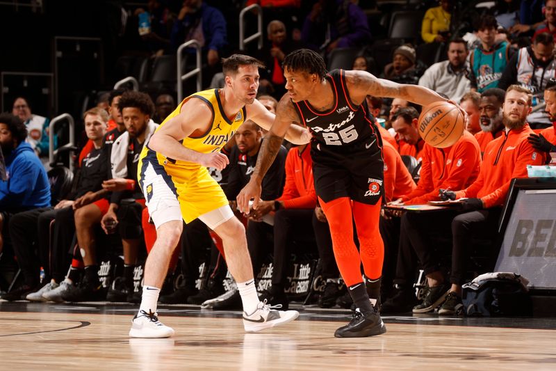 DETROIT, MI - MARCH 20: T.J. McConnell #9 of the Indiana Pacers plays defense against Marcus Sasser #25 of the Detroit Pistons on March 20, 2024 at Little Caesars Arena in Detroit, Michigan. NOTE TO USER: User expressly acknowledges and agrees that, by downloading and/or using this photograph, User is consenting to the terms and conditions of the Getty Images License Agreement. Mandatory Copyright Notice: Copyright 2024 NBAE (Photo by Brian Sevald/NBAE via Getty Images)