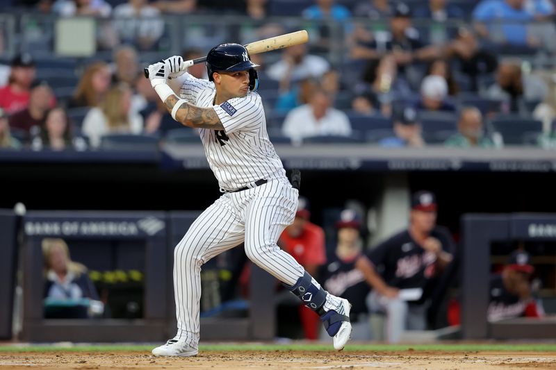 Aug 22, 2023; Bronx, New York, USA; New York Yankees left fielder Everson Pereira (80) bats against the Washington Nationals during the second inning at Yankee Stadium. The plate appearance was his major league debut and he drew a walk. Mandatory Credit: Brad Penner-USA TODAY Sports