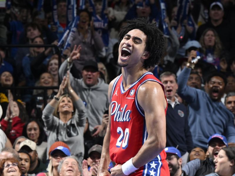 PHILADELPHIA, PA - NOVEMBER 22: Jared McCain #20 of the Philadelphia 76ers celebrates during the game against the Brooklyn Nets during the Emirates NBA Cup game on November 22, 2024 at the Wells Fargo Center in Philadelphia, Pennsylvania NOTE TO USER: User expressly acknowledges and agrees that, by downloading and/or using this Photograph, user is consenting to the terms and conditions of the Getty Images License Agreement. Mandatory Copyright Notice: Copyright 2024 NBAE (Photo by David Dow/NBAE via Getty Images)