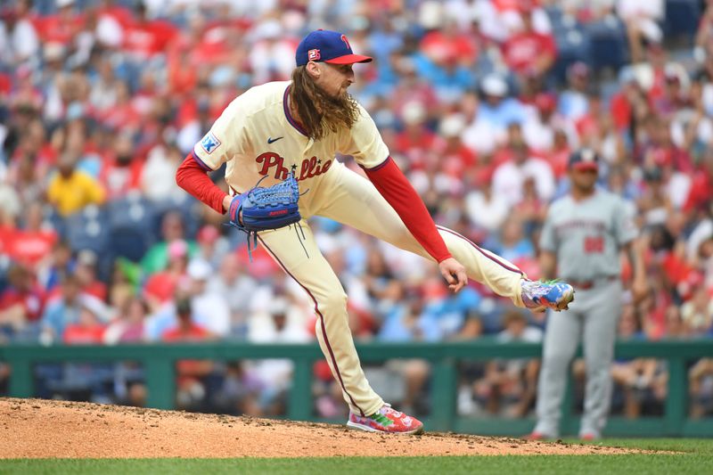 Aug 18, 2024; Philadelphia, Pennsylvania, USA; Philadelphia Phillies pitcher Matt Strahm (25) throws a pitch during the eighth inning against the Washington Nationals at Citizens Bank Park. Mandatory Credit: Eric Hartline-USA TODAY Sports