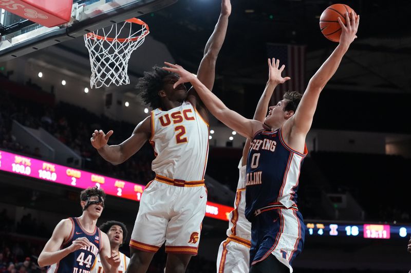 Feb 18, 2026; Los Angeles, California, USA; Illinois Fighting Illini forward David Mirkovic (0) shoots the ball against Southern California Trojans forward Ezra Ausar (2) in the first half at Galen Center. Mandatory Credit: Kirby Lee-Imagn Images